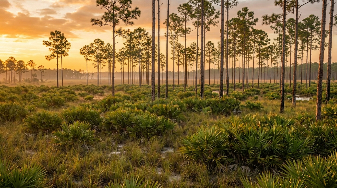 Hunter in a blaze orange vest glassing across Florida public land at sunrise